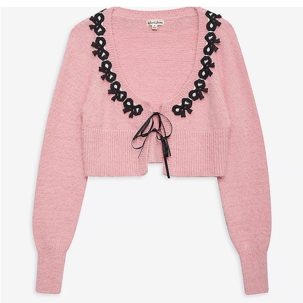 For Love & Lemons Josie Soft Fluffy Pink Bow Cardigan Sweater size small NWT - Picture 2 of 14